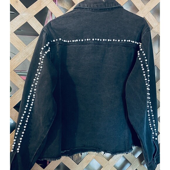 SAVANNAH JANE Pearls & Rhinestones Black Distressed Denim Boho Jacket 1X - Picture 7 of 12